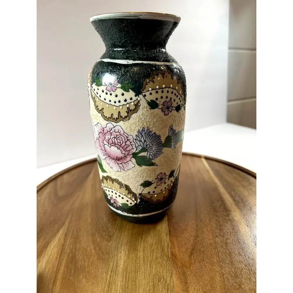 Vintage Floral Vase Ceramic Dark Green Floral Design‎ Home Decor Accent